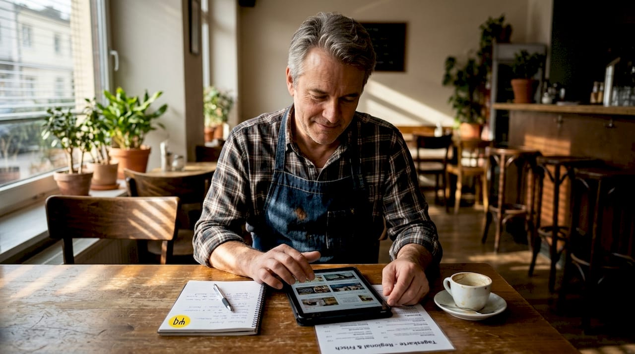 Ein Restaurantbesitzer informiert sich auf einer Gastronomie-Plattform.