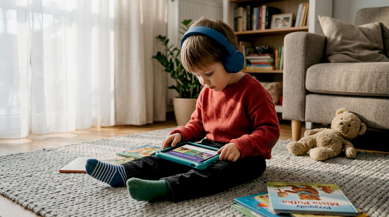 Przedszkolak słucha audiobooka w domowym zaciszu