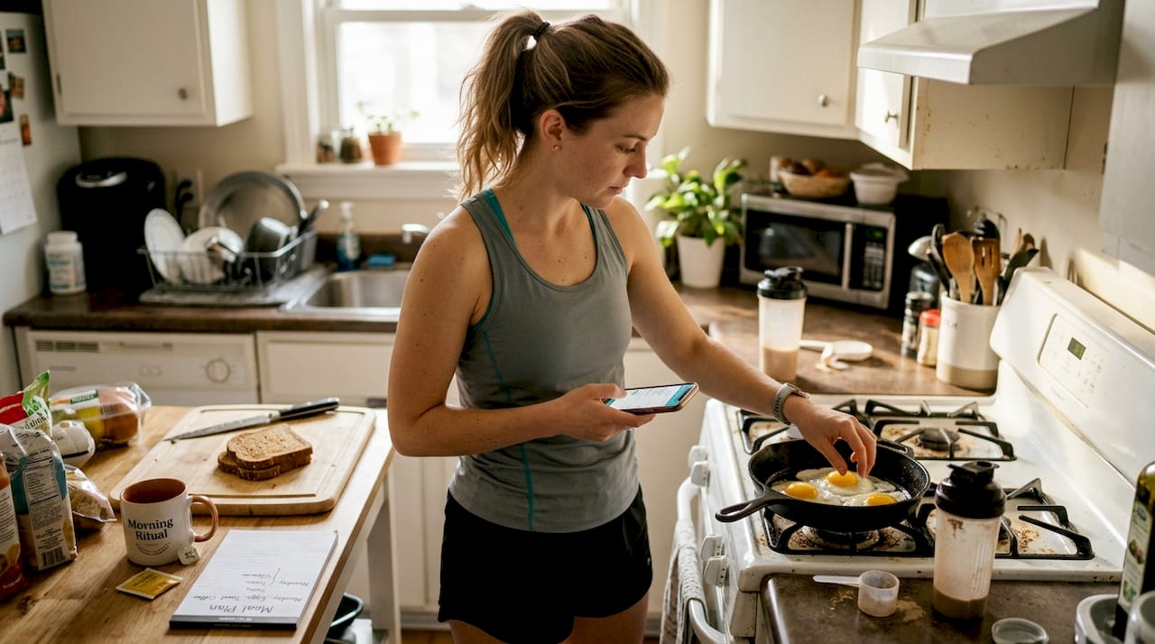 Woman preparing protein-rich breakfast after workout