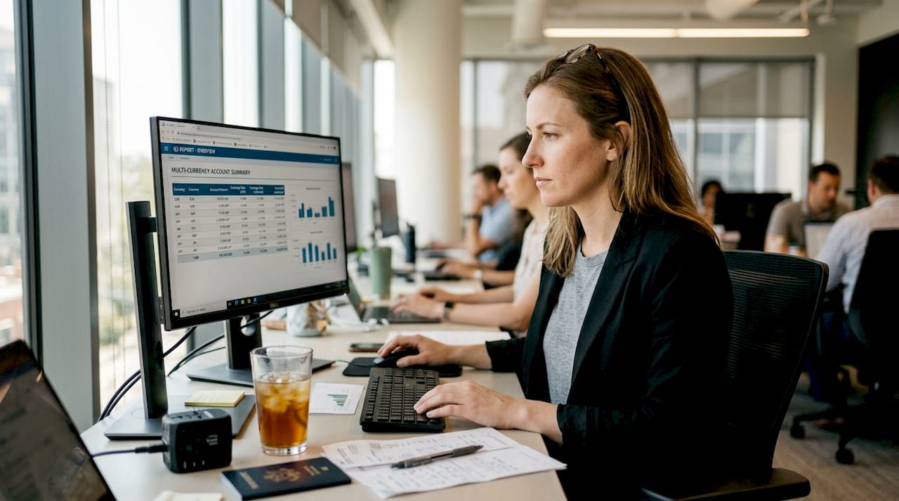 Finance manager reviews cross-border banking details