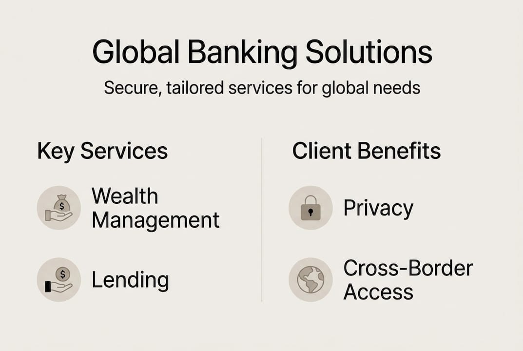 Infographic outlining global banking services and benefits