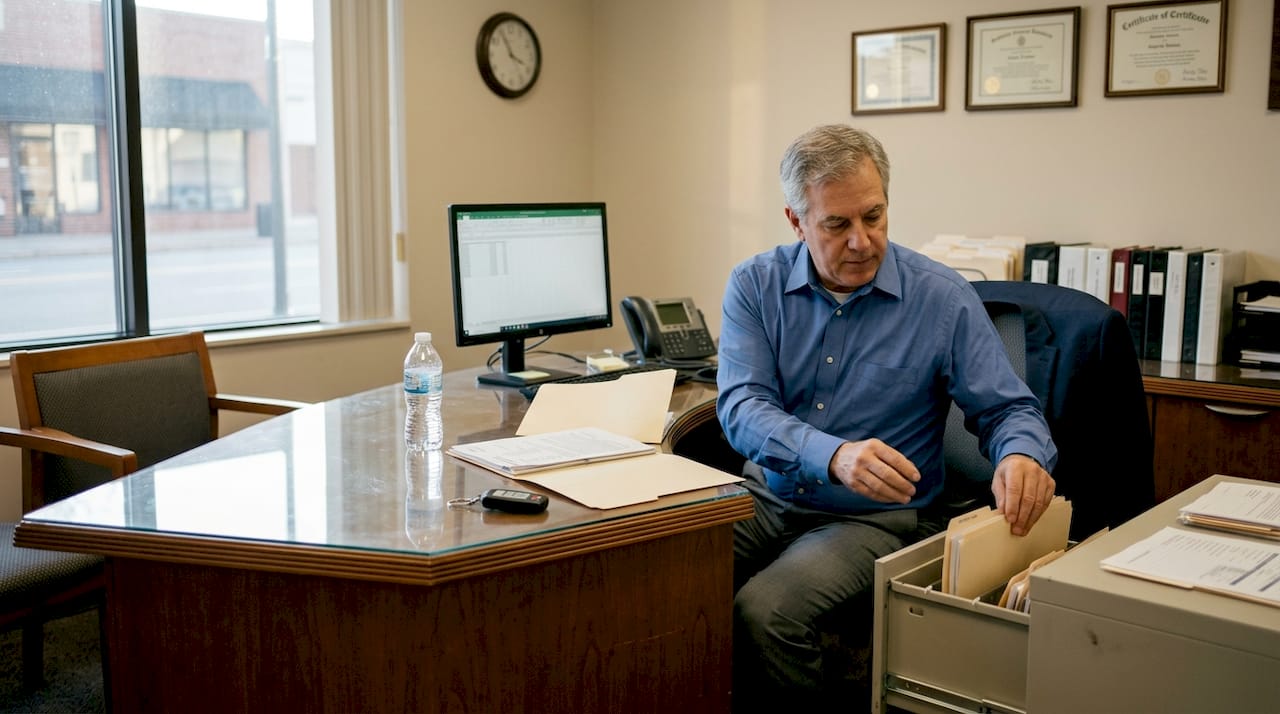 Bank manager organizing secure banking documents
