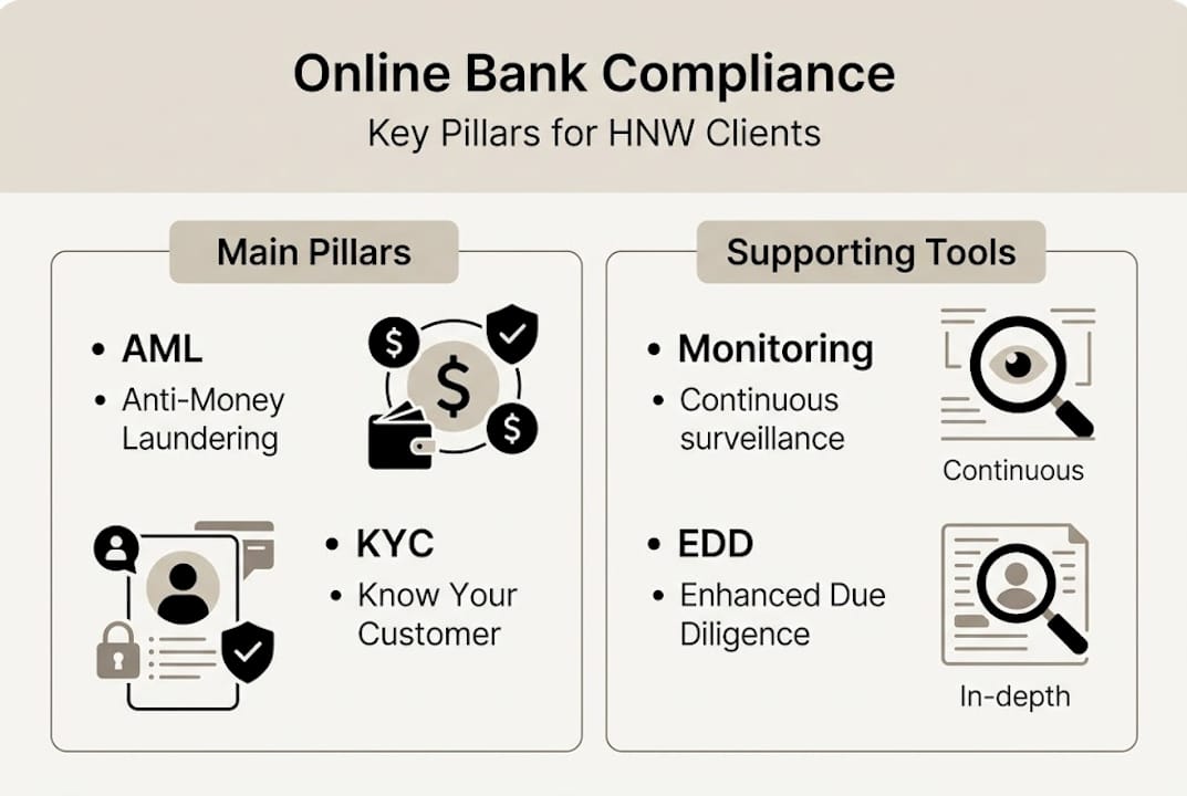Infographic showing online bank compliance pillars