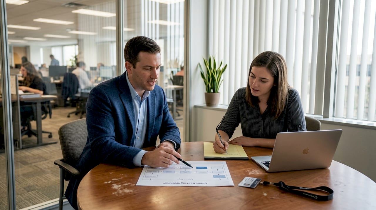 Colleagues checking banking process together