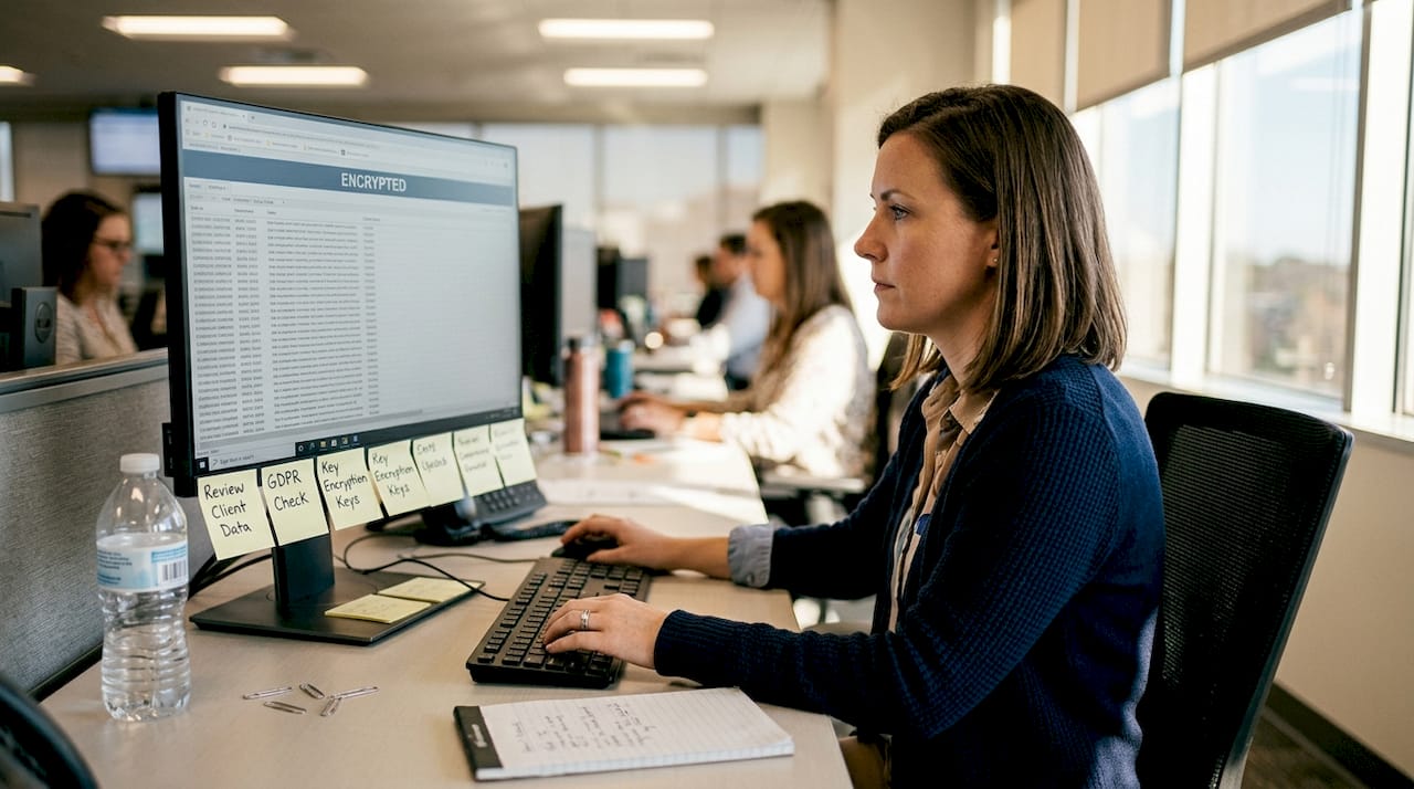 Compliance specialist reviewing security documents