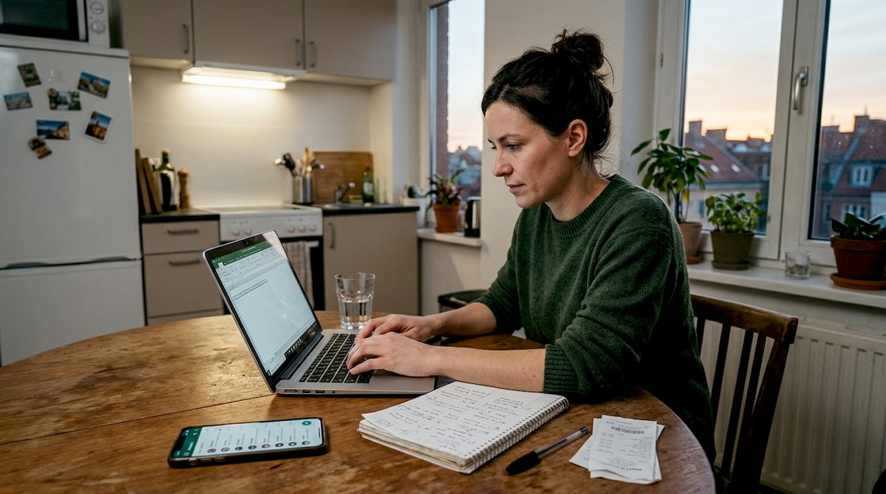 Woman manages finances at kitchen table