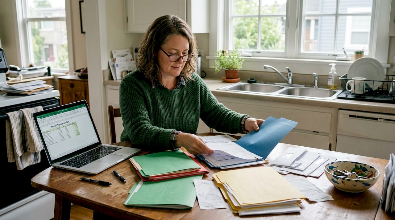 Woman organizing finance documents at table