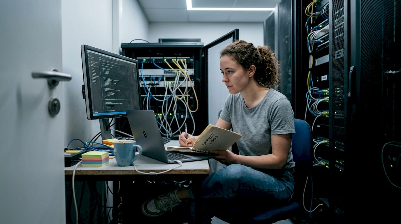 IT specialist checking server room security