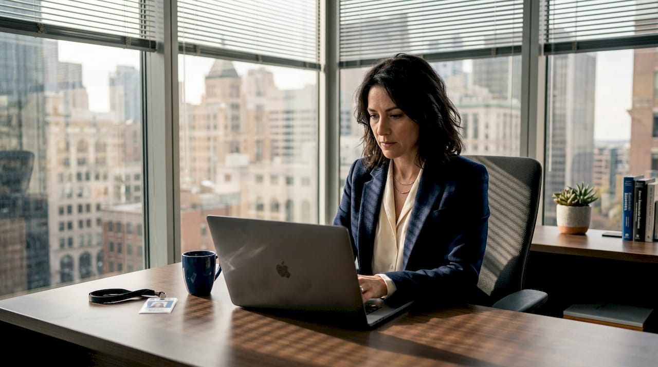 Executive reviewing banking statements in secure office