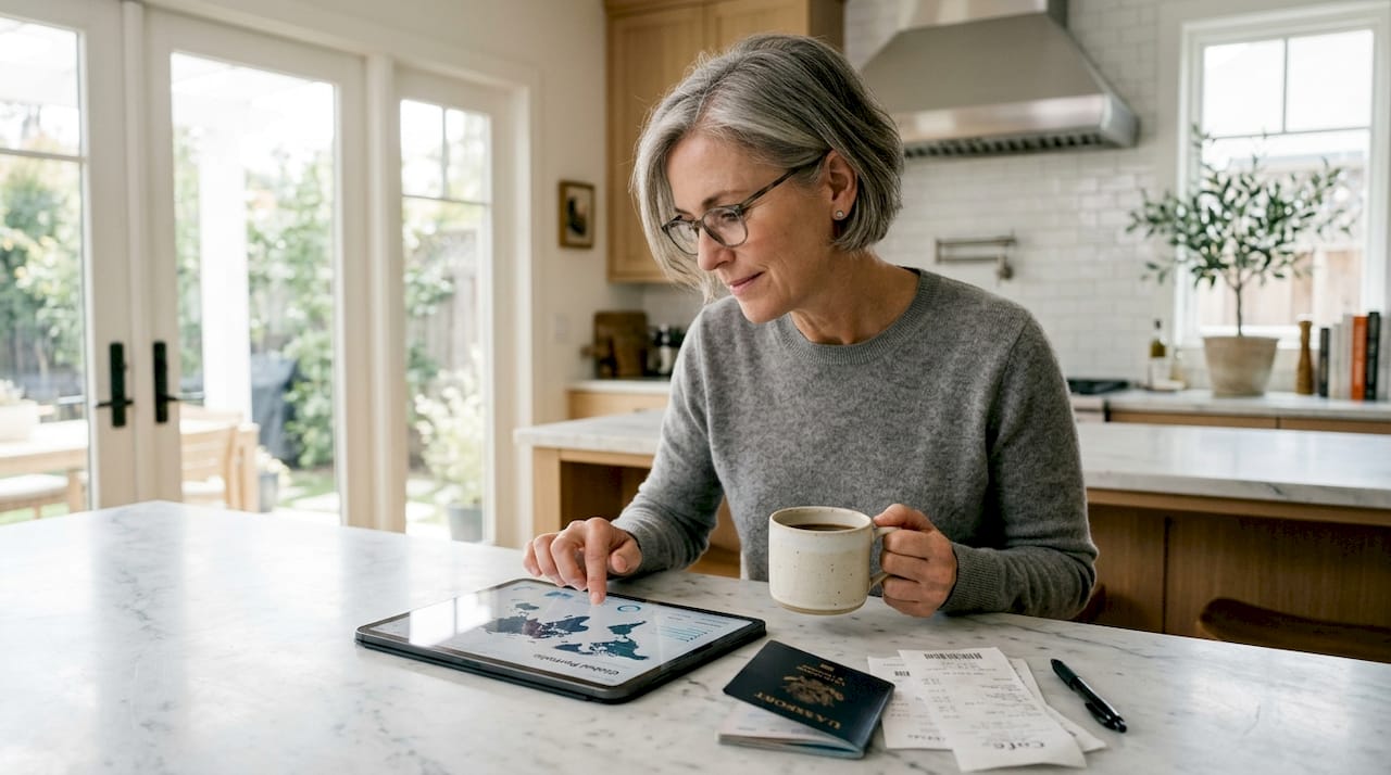 Investor reviews global portfolio on tablet