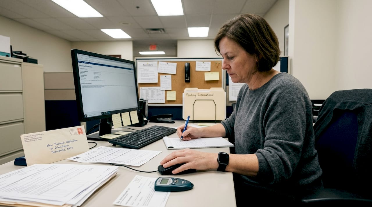 Bank staff processing secure transaction paperwork