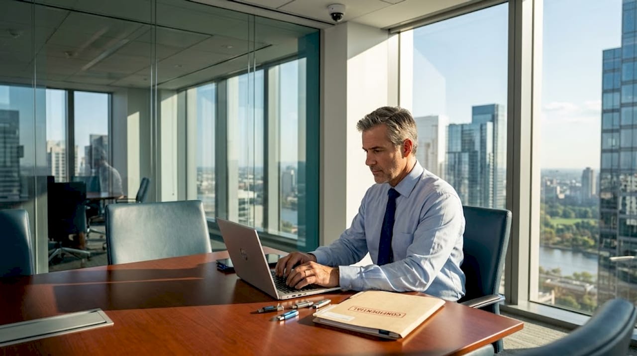 Compliance officer reviewing confidential banking files