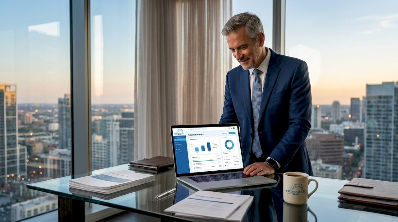 Executive managing portfolio at glass desk in high-rise office