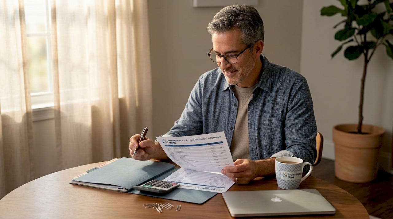 Bank officer reviews account reconciliation documents