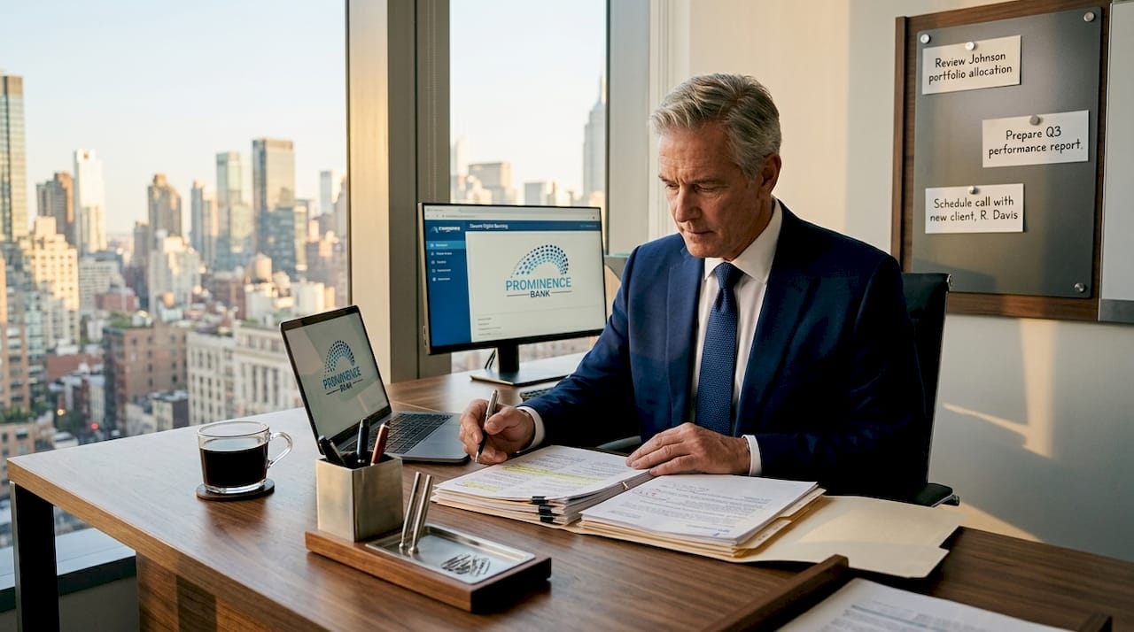 Private banker reviewing documents in city office
