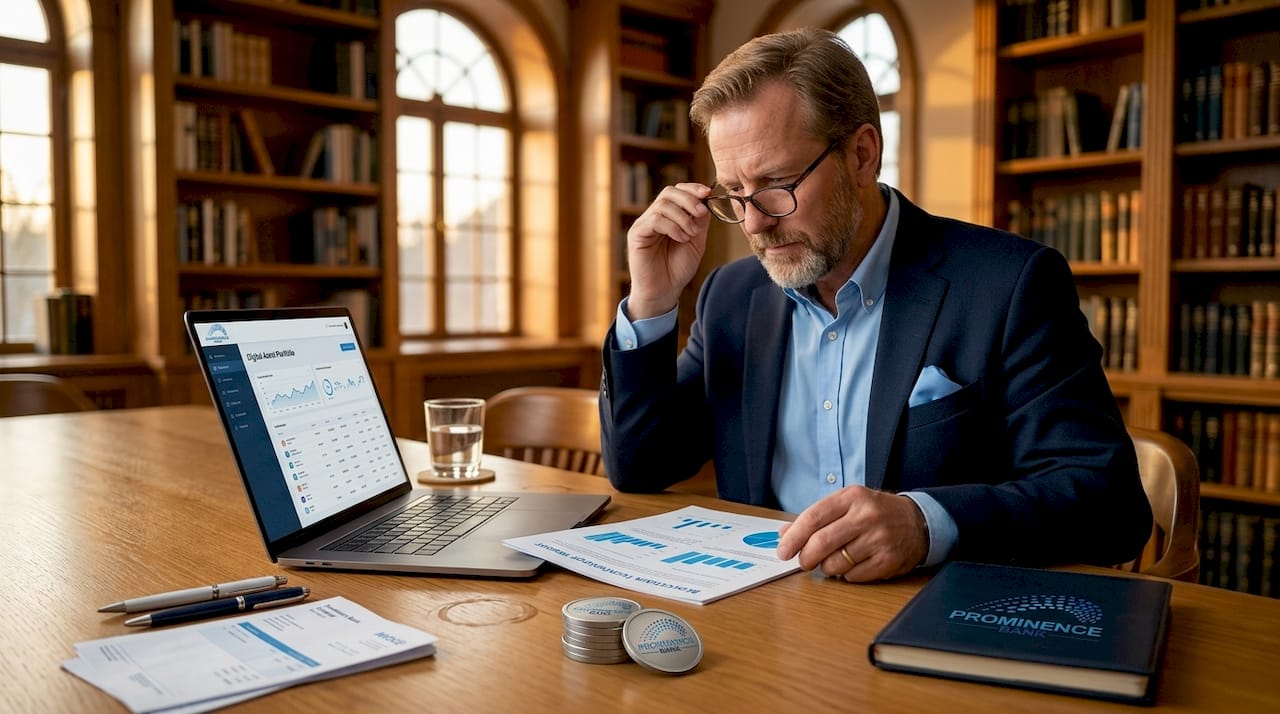 Advisor reviews blockchain report in bank