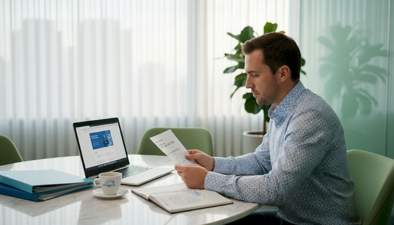 Bank employee reviewing numbered account paperwork