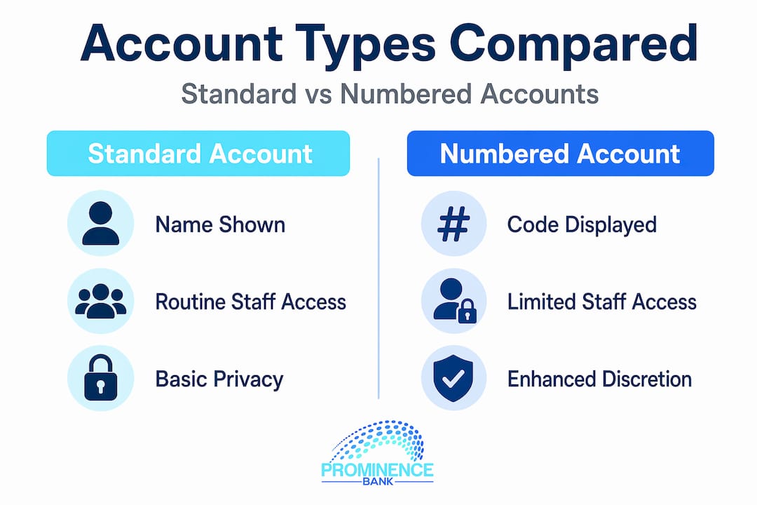 Infographic comparing standard and numbered bank accounts