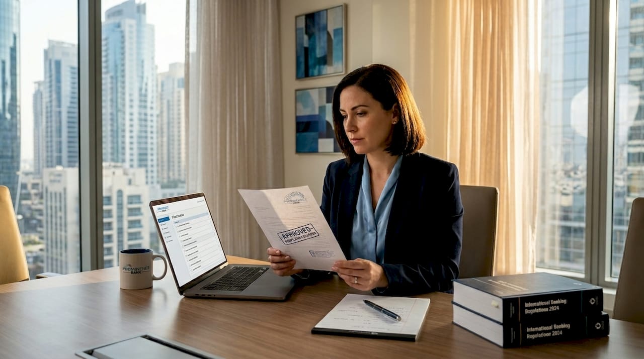 Compliance officer reviews documents in corner banking office