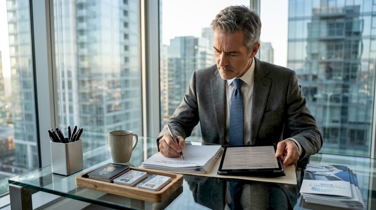 Client reviewing offshore account documents in city office