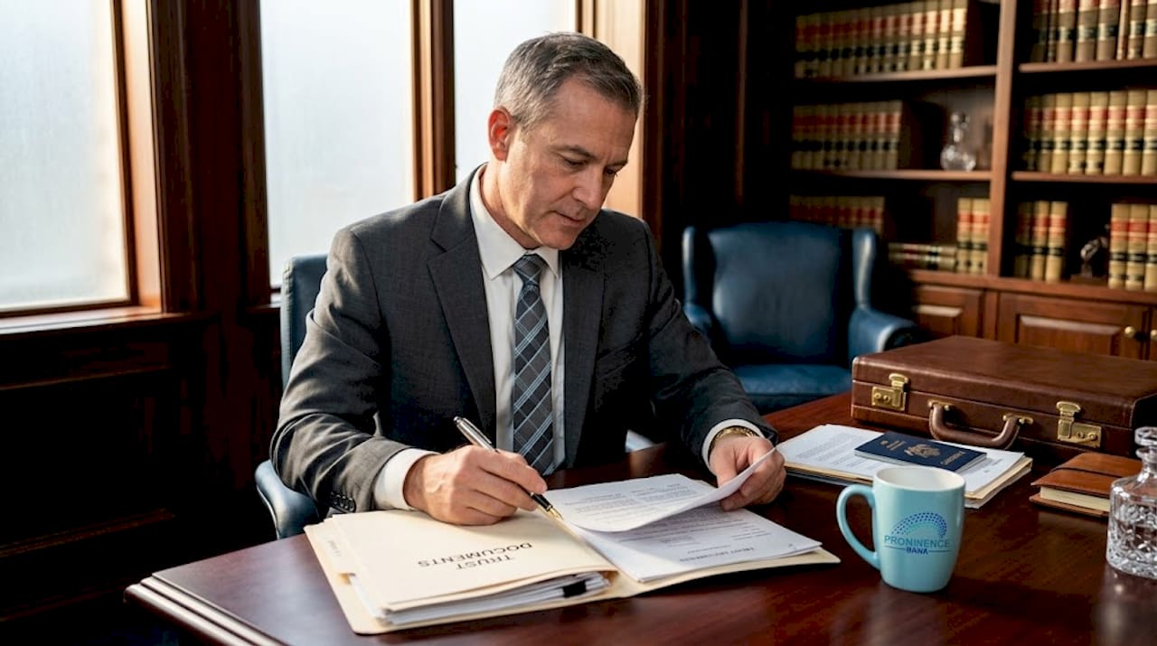 Attorney reviews trust documents in law office