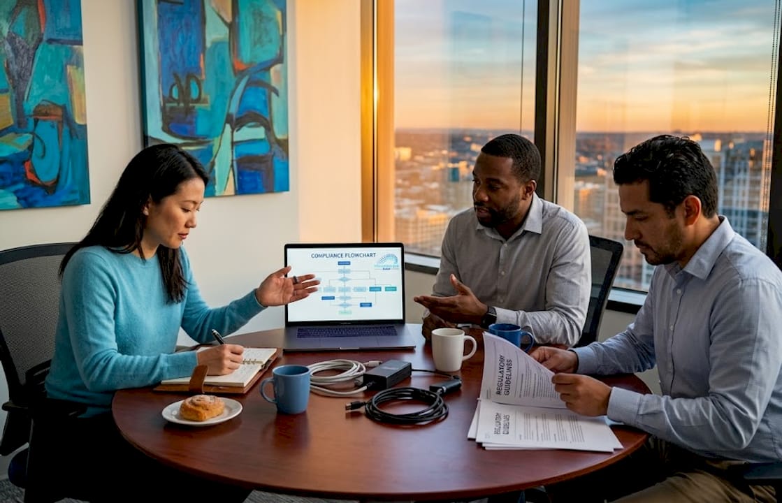 Team reviewing global banking compliance chart