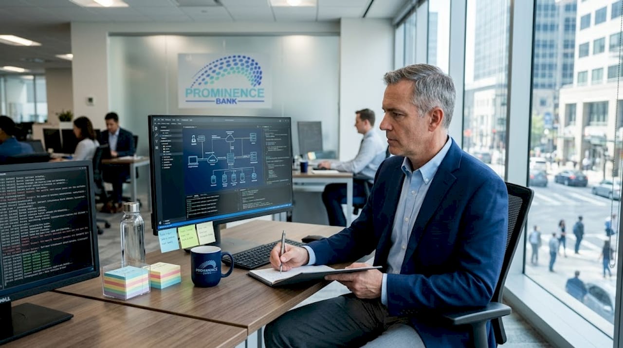 Bank IT manager reviewing digital system compliance