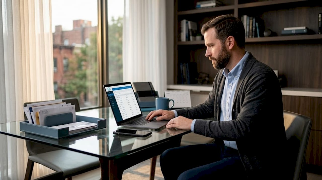 Man reviewing bank statement on laptop at home