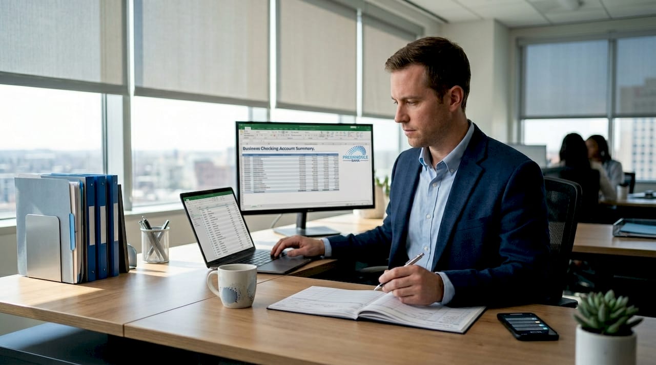 Manager cross-referencing business checking account at desk
