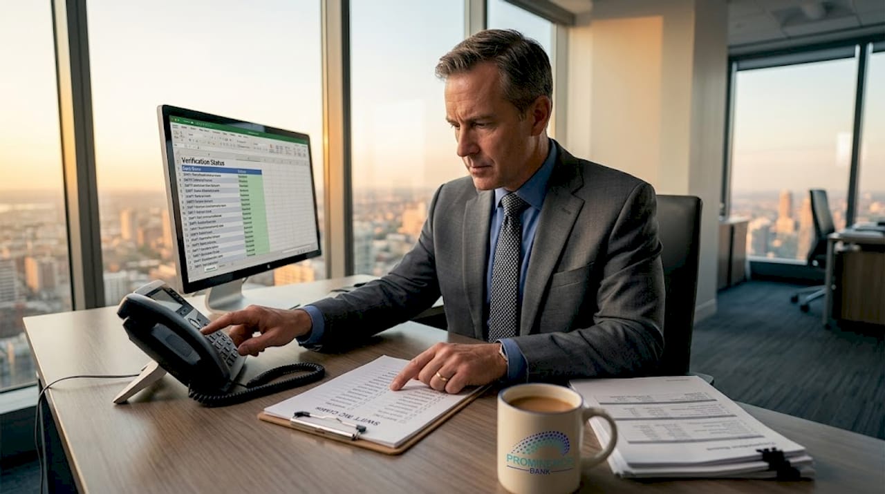 Banker verifying SWIFT codes in office
