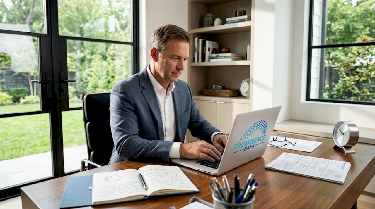 Businessman entering transfer details at desk