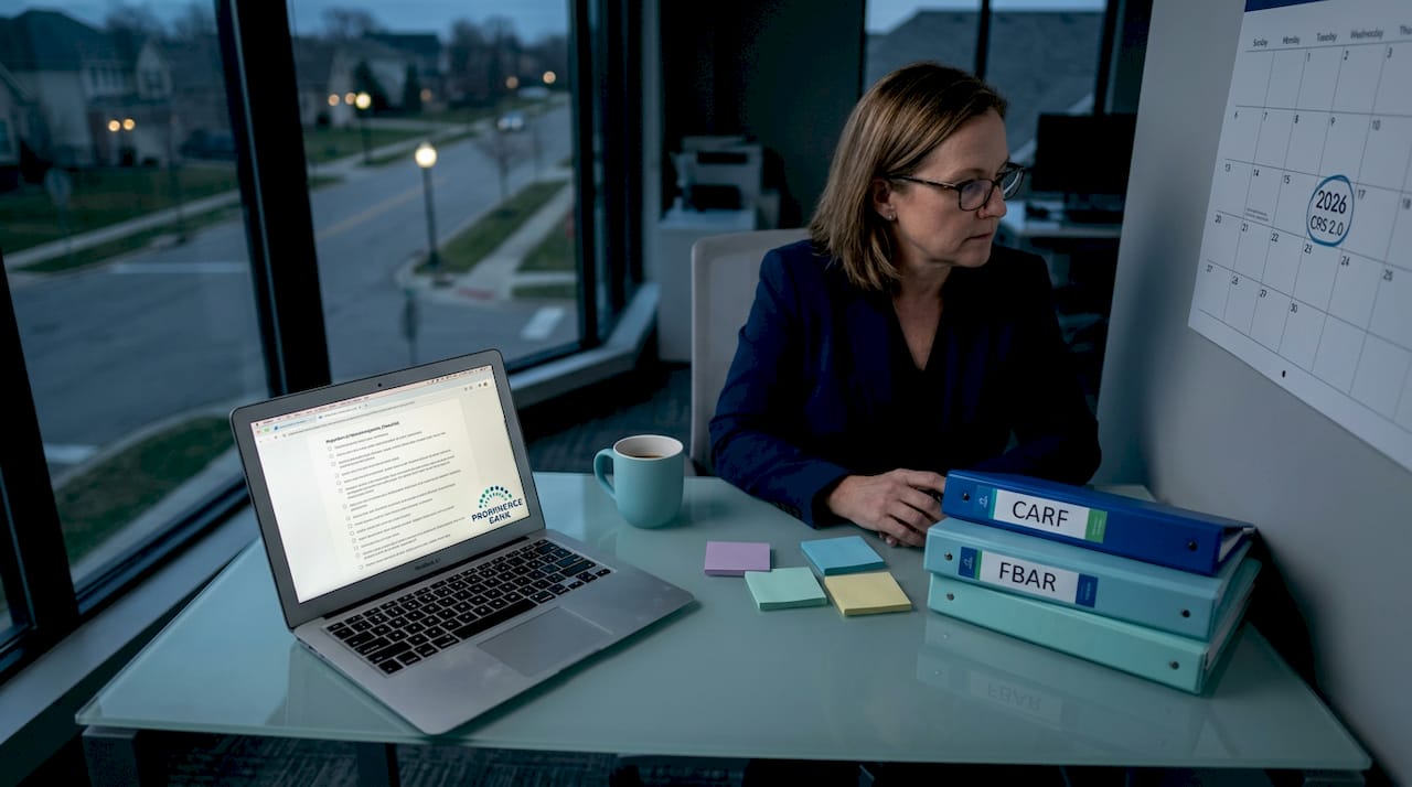 Compliance officer reviewing 2026 offshore reporting materials