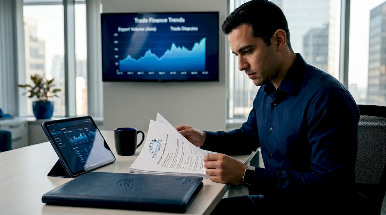 Trade finance officer reviewing documents in office