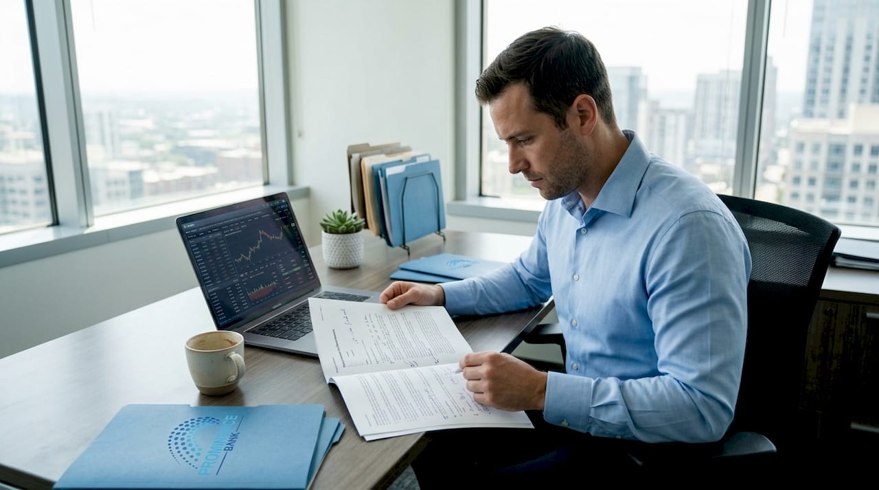Investment banker reviewing documents in office