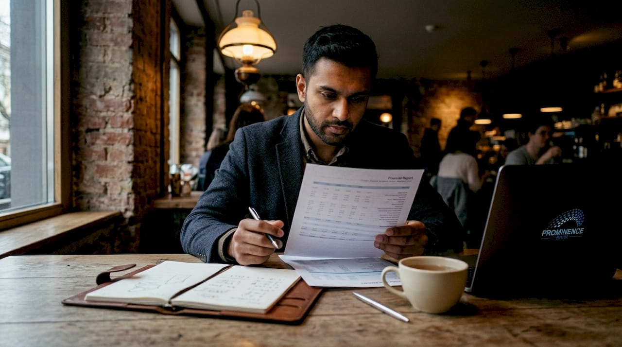 Man reviewing banking documents in office
