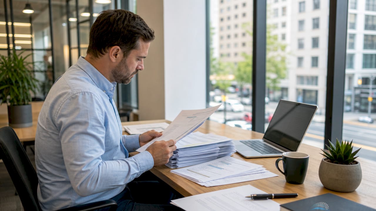 Financial analyst reviewing security documents