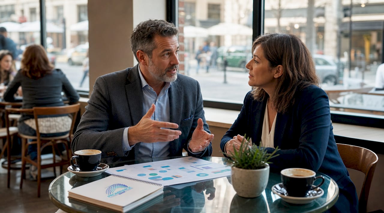 Business owner consulting advisor in office
