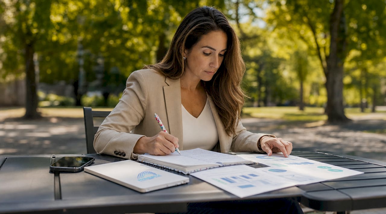Woman reviewing global funds documents