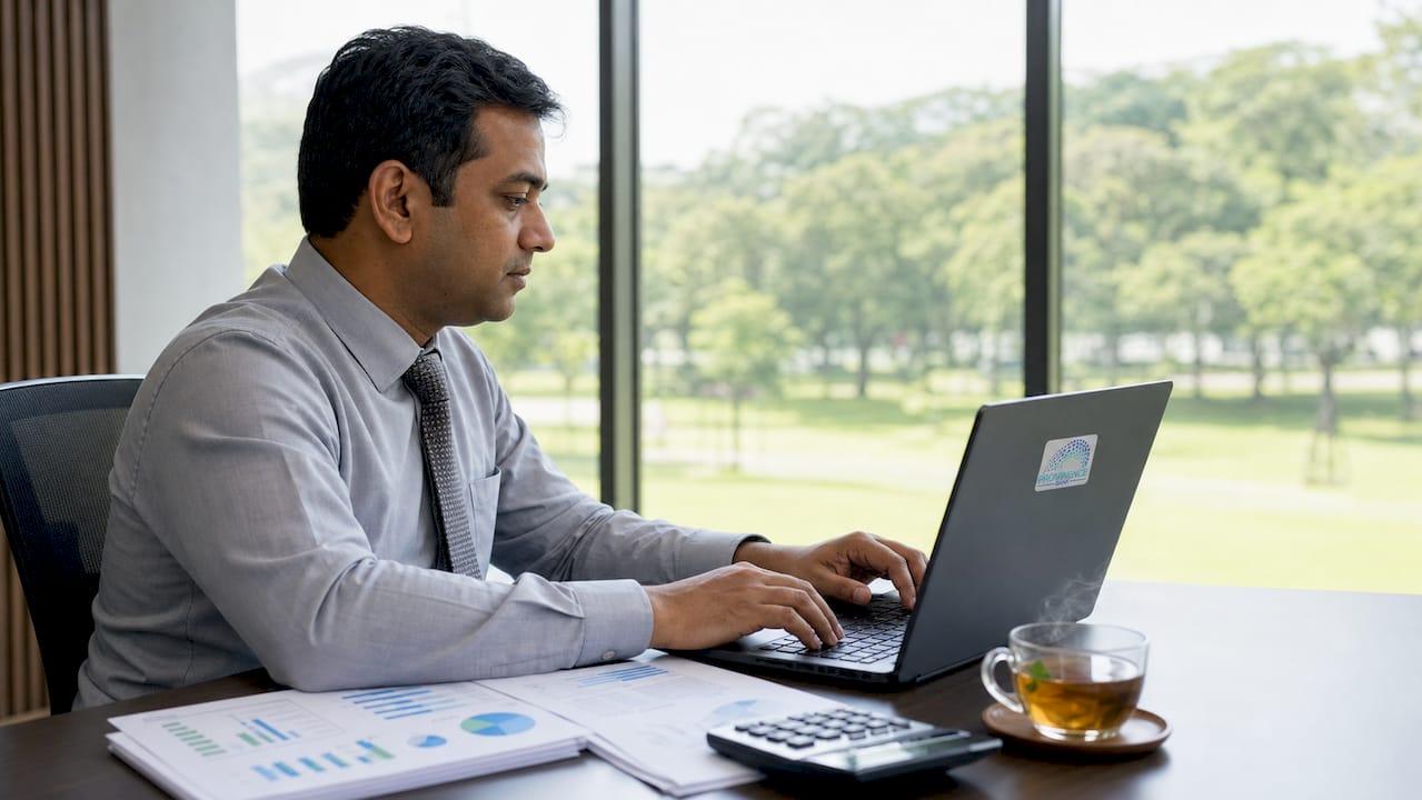Man reviewing currency risk spreadsheet at office desk