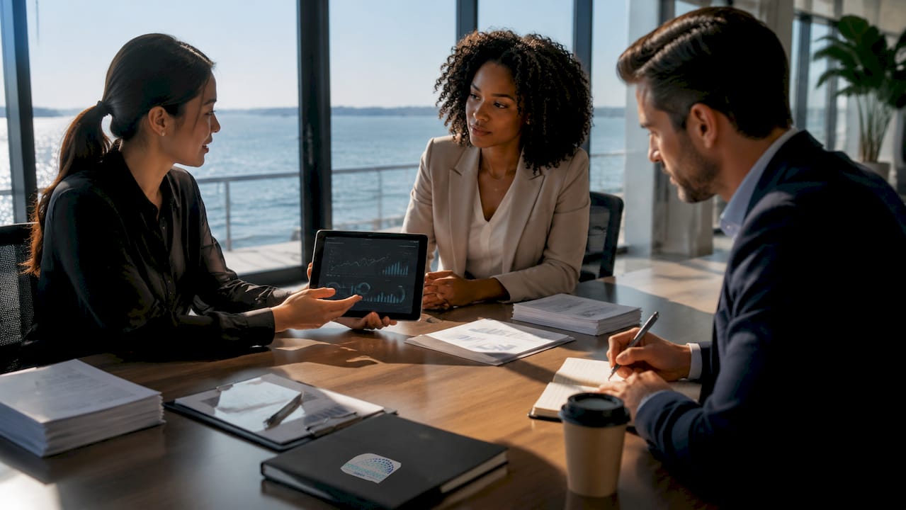 Professionals discussing offshore strategies around table