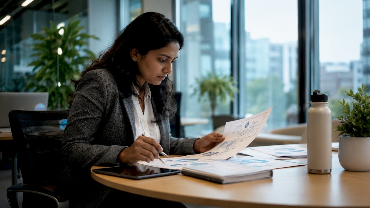 Woman studying digital governance framework documents in IT center