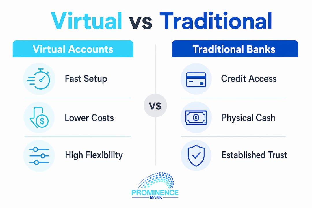 Infographic comparing virtual and traditional bank accounts