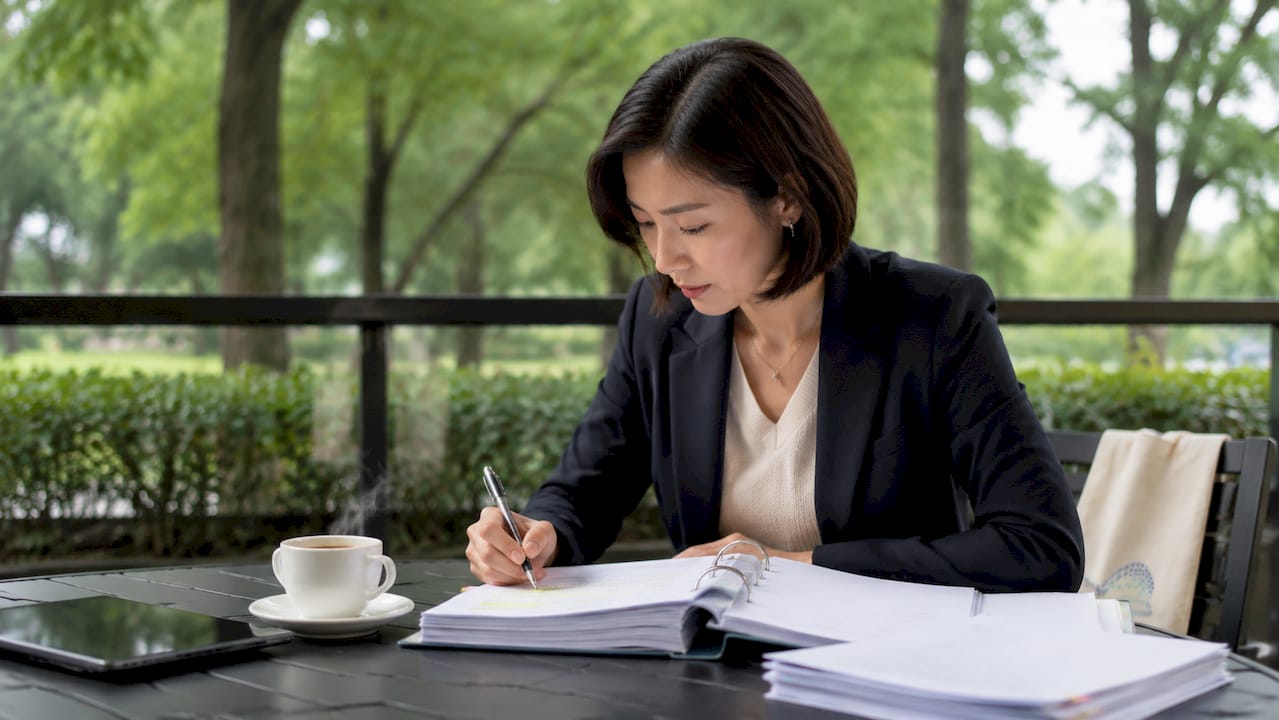 Woman reviewing virtual bank compliance documents