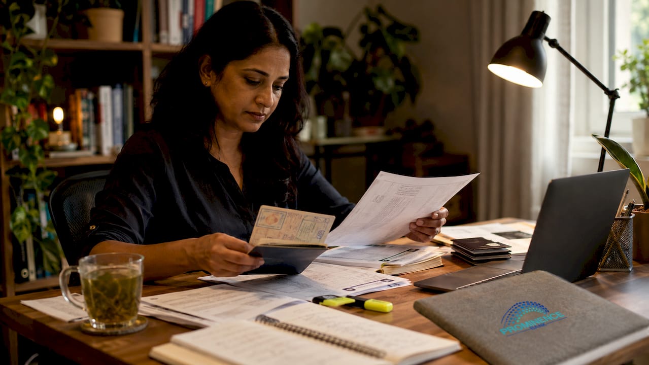 Professional woman reviewing international banking documents