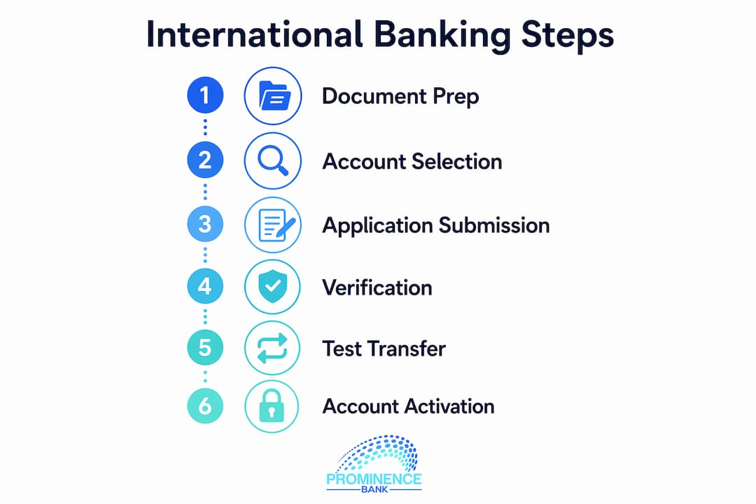 Infographic illustrating international banking step-by-step process