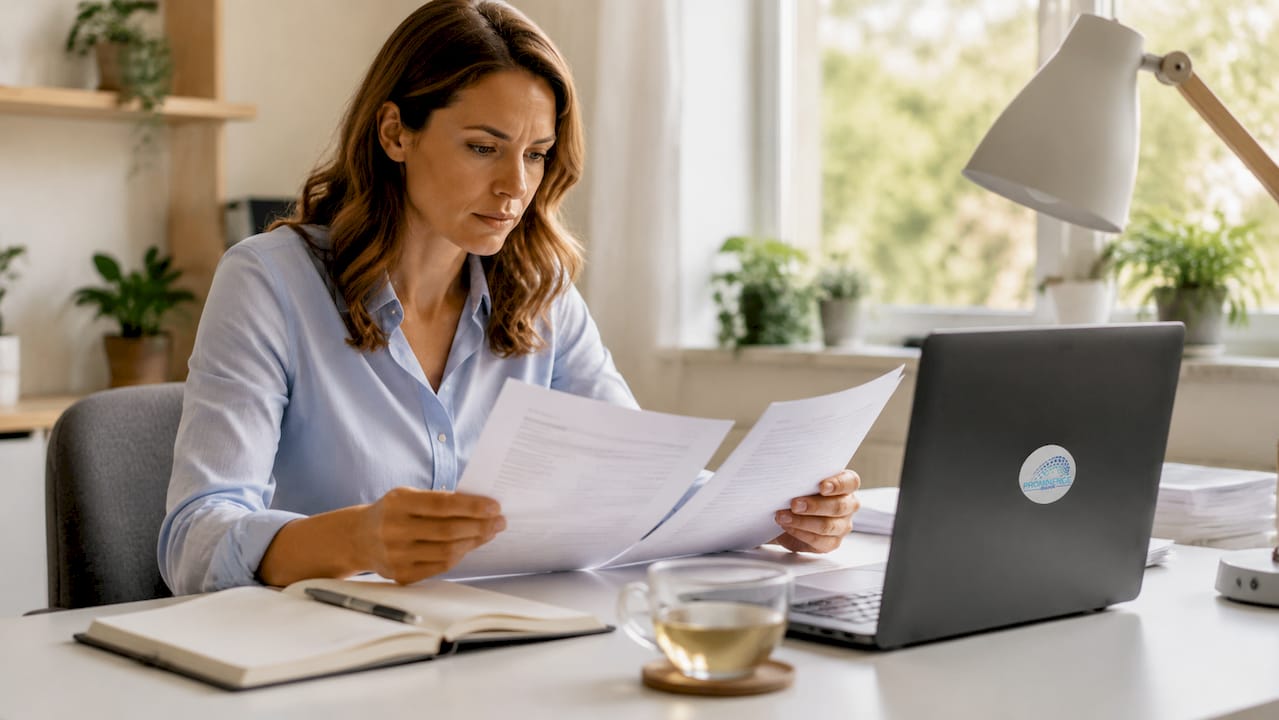 Professional reviewing licensing documents at desk