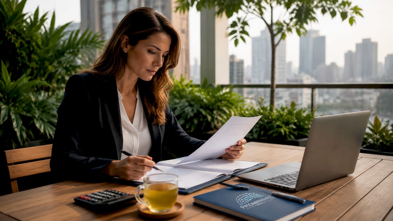 Professional woman reviewing trust documents in office