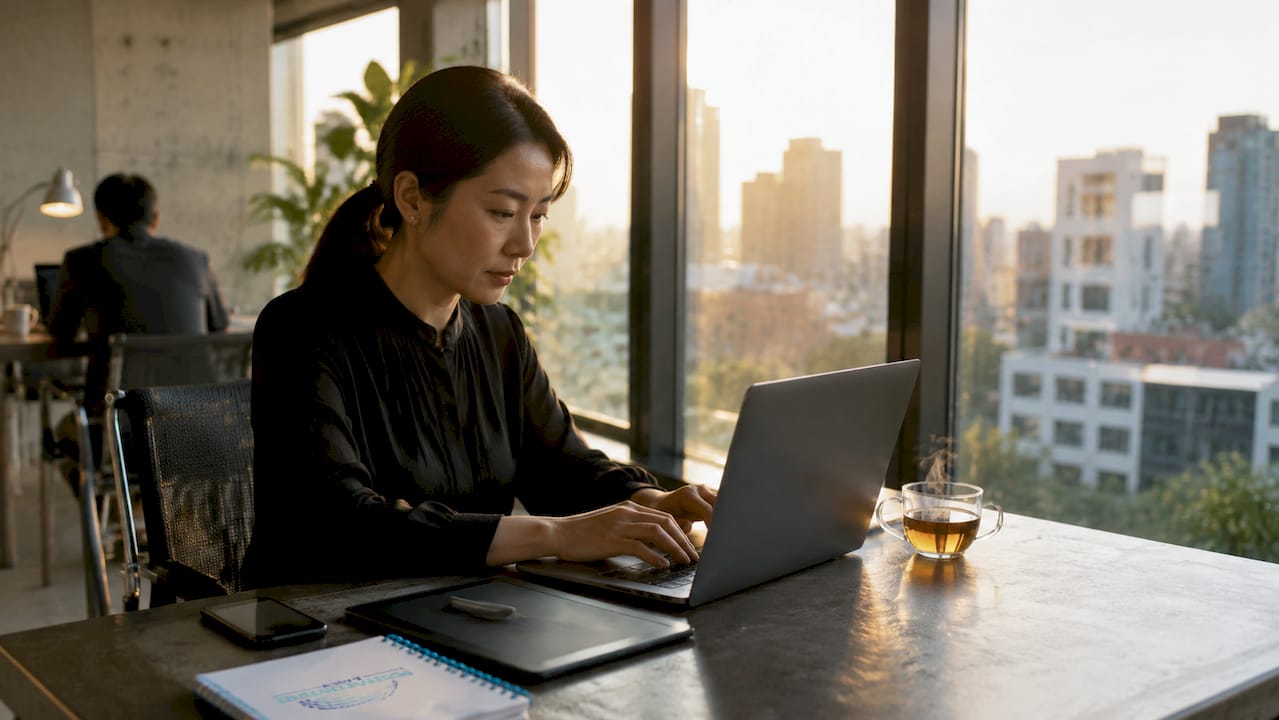Professional woman handling remote fintech onboarding on laptop