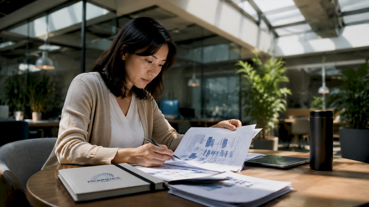 Businesswoman reviewing corporate structure diagrams