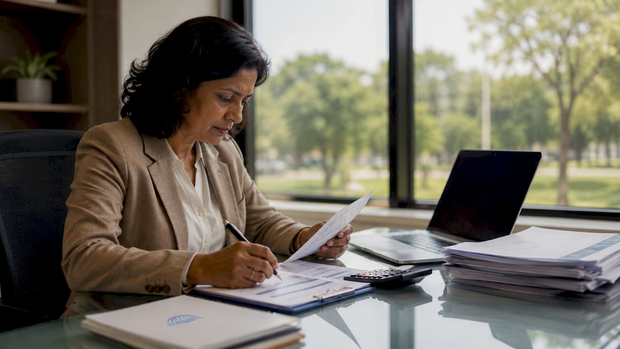 Businesswoman reviewing trade finance documents at desk